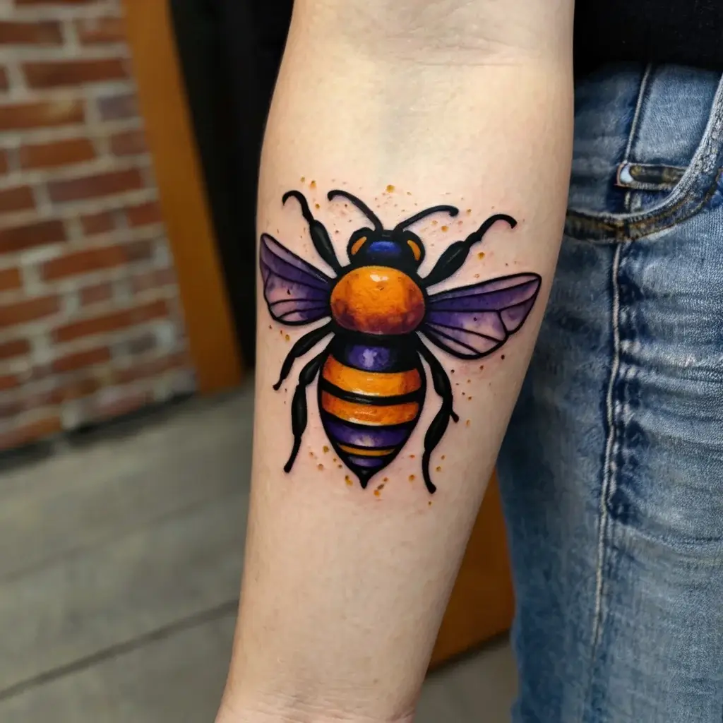 Colorful bee tattoo with vibrant orange and purple hues, featuring bold black outlines and subtle shading for depth.