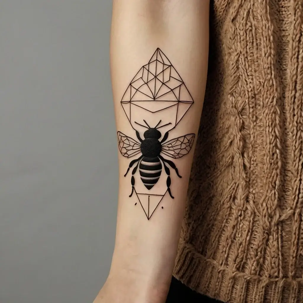 Geometric bee tattoo on forearm, featuring hexagonal wings and angular diamond motifs above and below the bee.