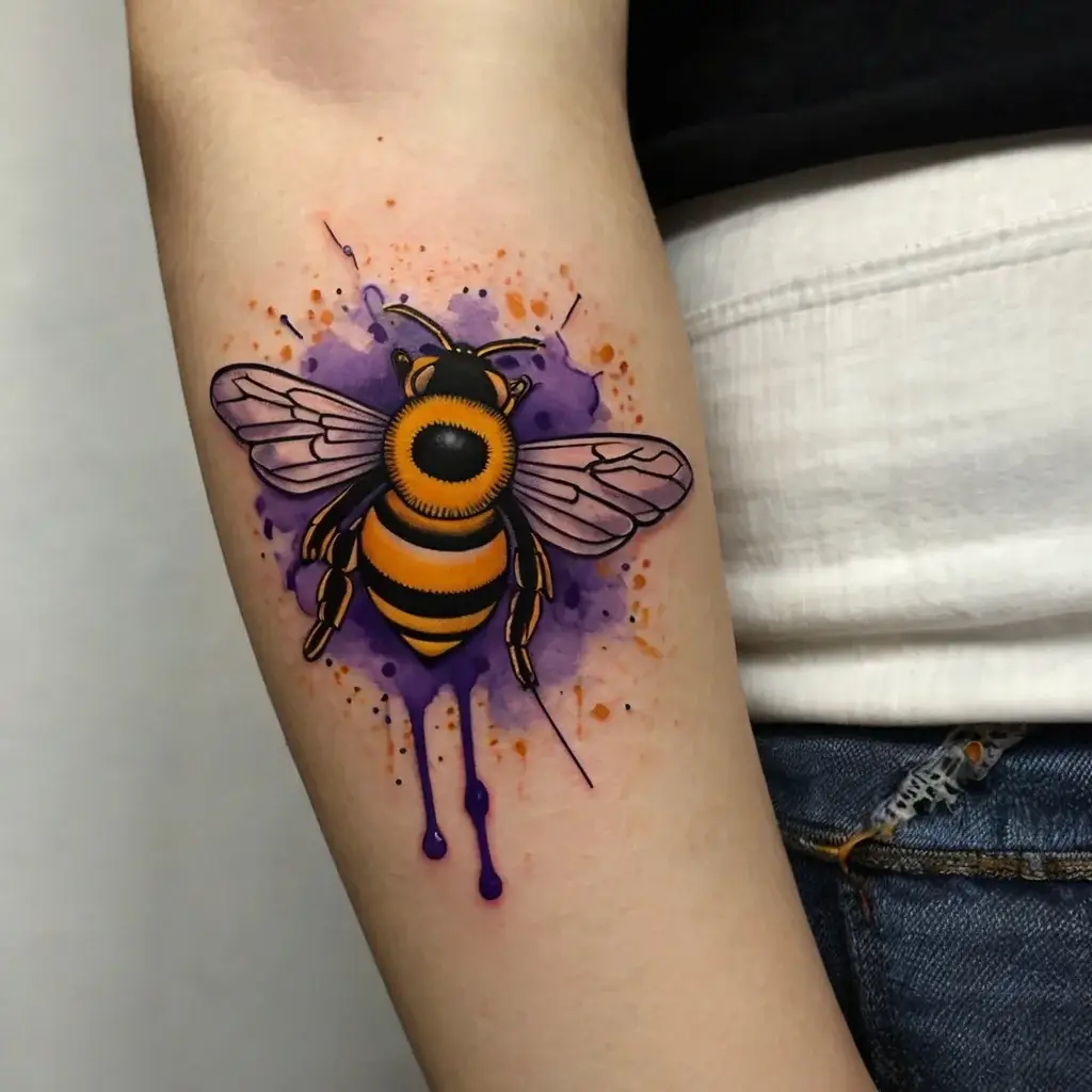 Tattoo of a realistic bee with vibrant orange and black stripes, set against a purple watercolor splash background.