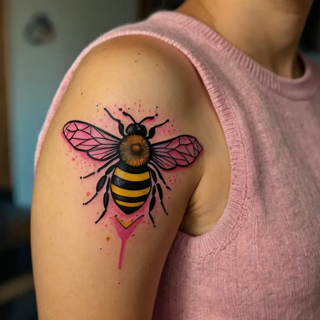 Tattoo of a bee with pink geometric wings, vibrant yellow and black stripes on the body, surrounded by a pink hue.