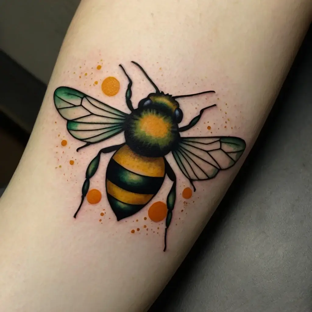 Vibrant bee tattoo with gradient wings, realistic body, and orange splatter accents for a lively touch.