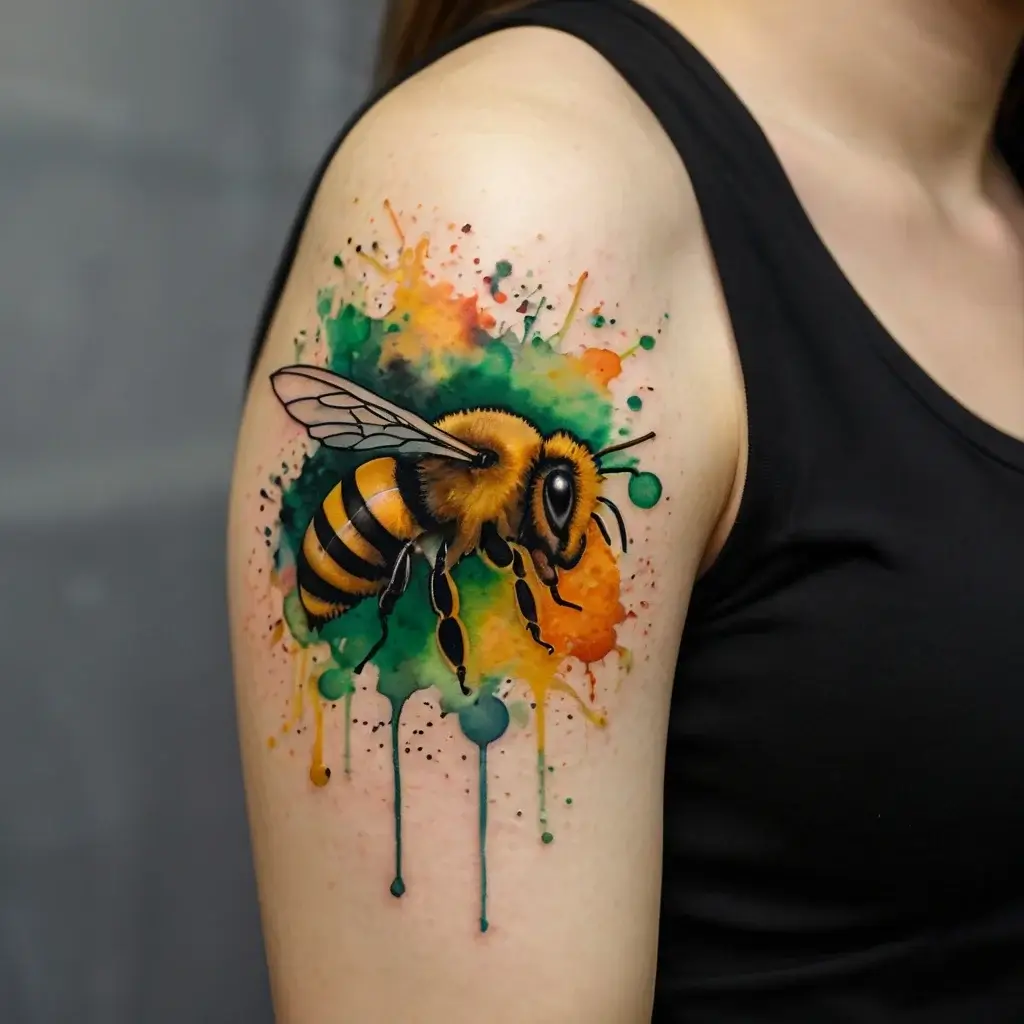 Colorful bee tattoo on upper arm, featuring vibrant splashes of green, orange, and yellow ink in watercolor style.