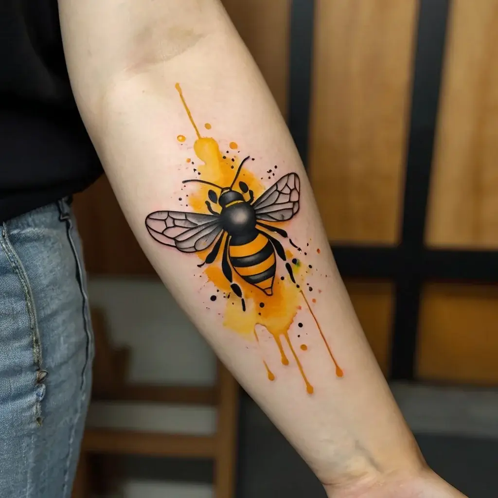 Tattoo of a bee with realistic details over a watercolor splash in yellow and orange, symbolizing creativity and diligence.