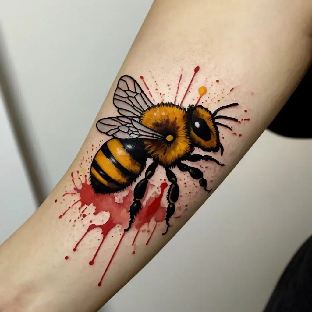 Vibrant bee tattoo with realistic details and watercolor splashes in red, creating a striking contrast on the forearm.