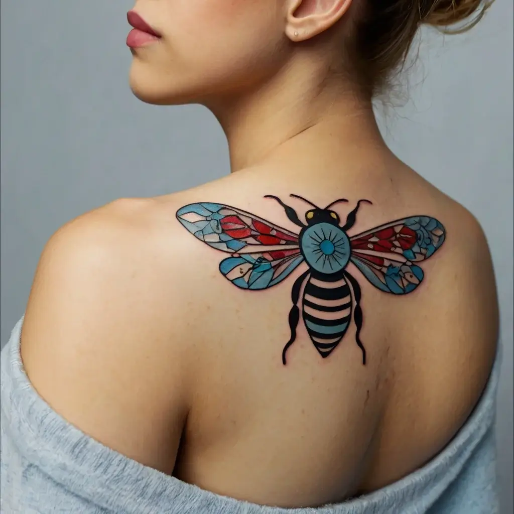 A vibrant stained-glass bee tattoo features geometric wings in red and blue on the upper back, showcasing bold outlines.