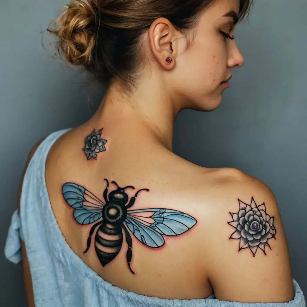 A vivid bee tattoo with blue and pink wings on the shoulder, flanked by two geometric floral designs in grayscale.