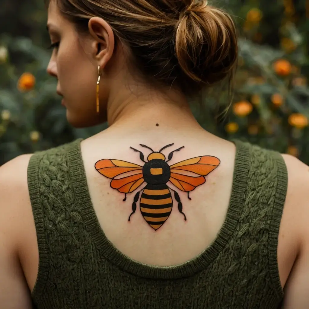 Tattoo of a stylized bee with bold black and orange lines on the upper back, symbolizing nature and community.