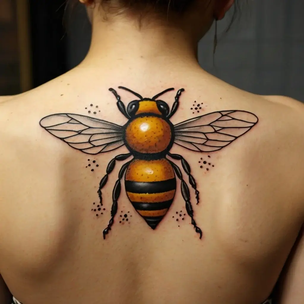 Tattoo of a vibrant, detailed bee with bold black and yellow stripes, centered on the upper back, symbolizing community.