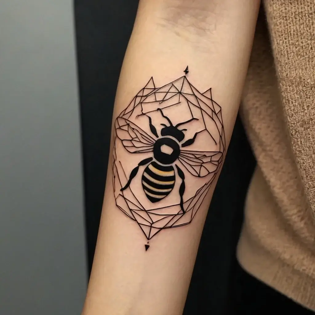 Geometric bee tattoo with bold black lines, honeycomb detailing, and intricate geometric patterns surrounding the bee.