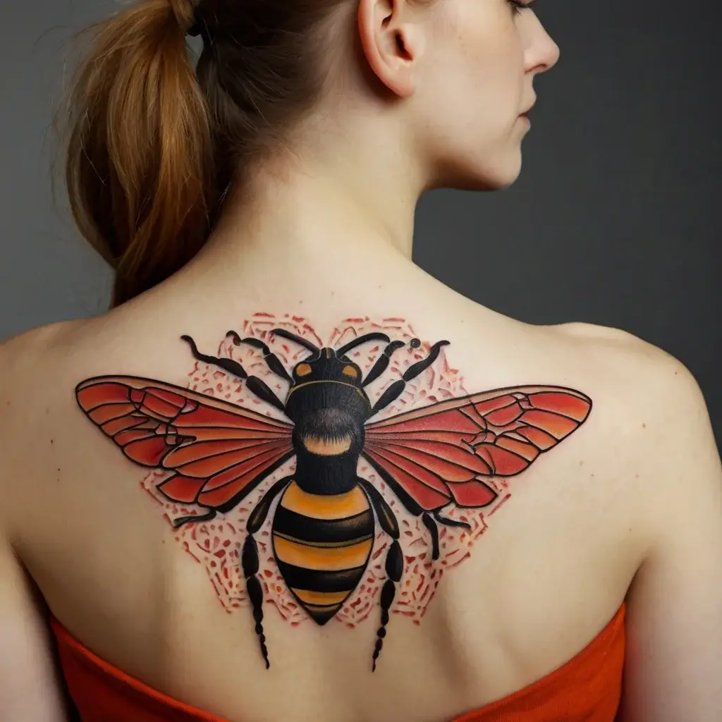 Tattoo of a detailed bee with vivid orange wings and bold black stripes, featuring a subtle red pattern backdrop on upper back.