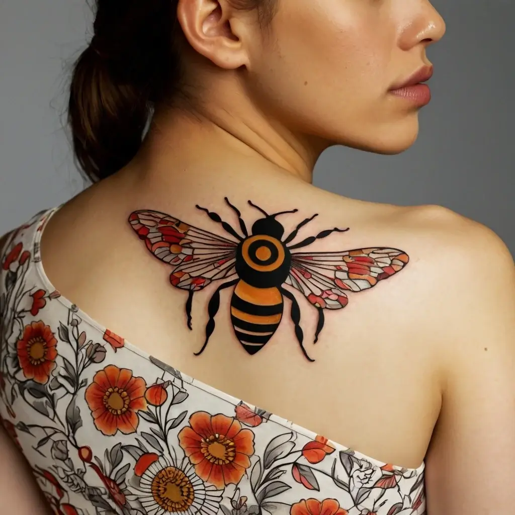 Large, vibrant bee tattoo with geometric patterns and colorful wings, set on the upper back for a bold statement.