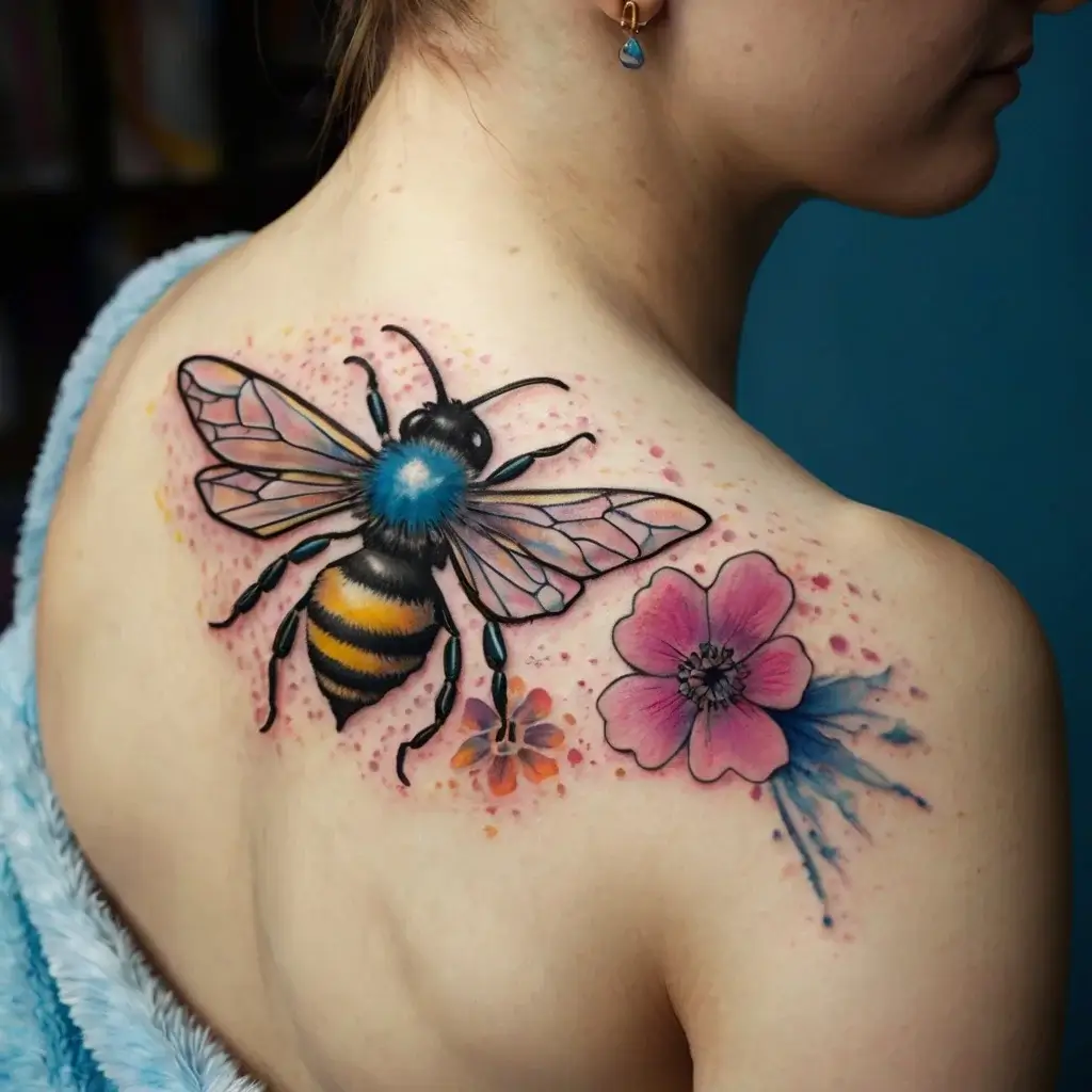 Vibrant bee tattoo with translucent wings and bold stripes, surrounded by pink and blue watercolor flowers on the shoulder.