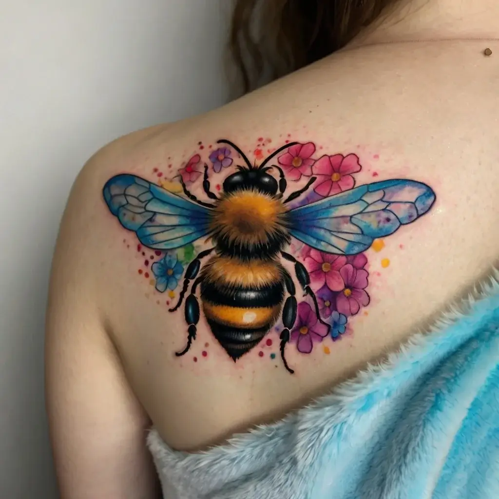 Vivid bee tattoo with translucent blue wings, surrounded by vibrant pink and blue flowers on the shoulder.