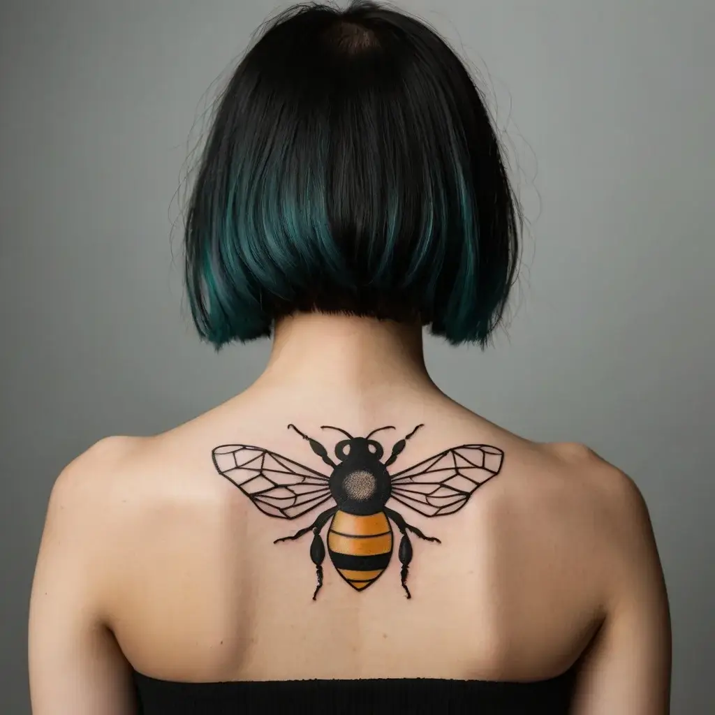 Tattoo of a stylized bee with geometric wings in black and yellow, centered on the upper back.