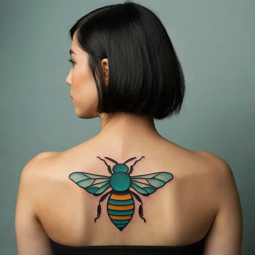 Stylized bee tattoo on upper back with turquoise wings and orange-striped body, showcasing bold outlines and vibrant colors.