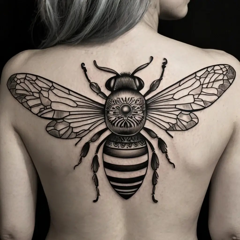 Detailed bee tattoo with intricate patterns and symmetrical wings spanning the back, showcasing bold black line work.