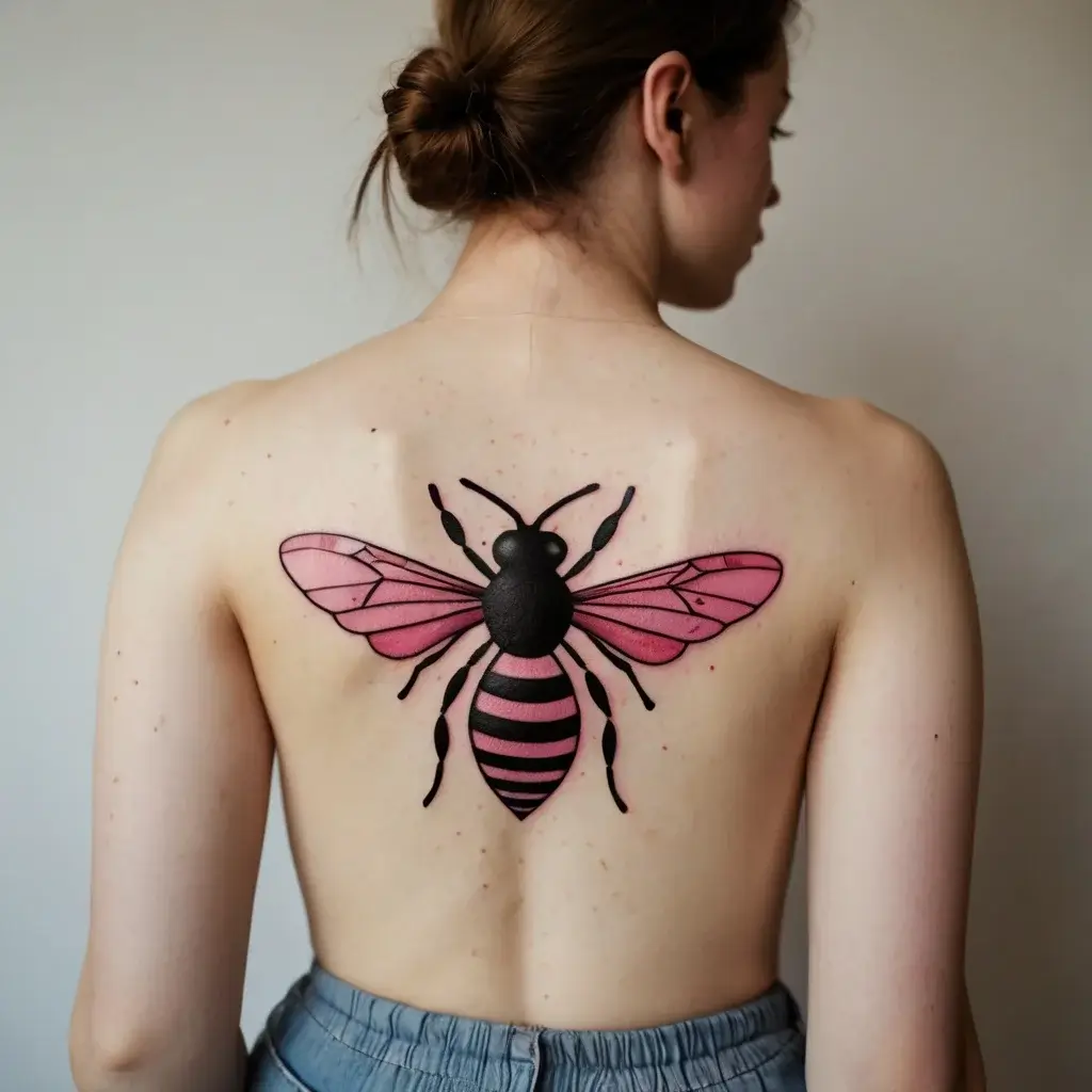 Tattoo of a bold black and pink bee on a woman's back, showcasing detailed wings and vibrant, symmetrical patterns.