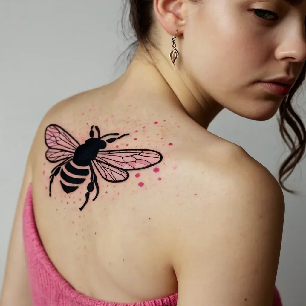 Tattoo of a stylized bee with pink wings and a dotted pink background on the upper back.