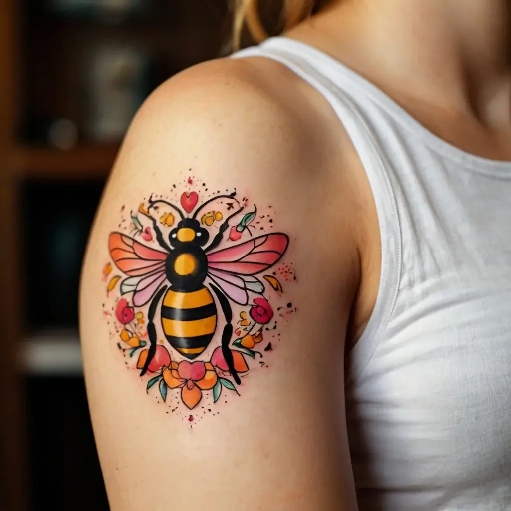 Vibrant bee tattoo with pink wings surrounded by colorful flowers and leaves, symbolizing nature and creativity on the arm.