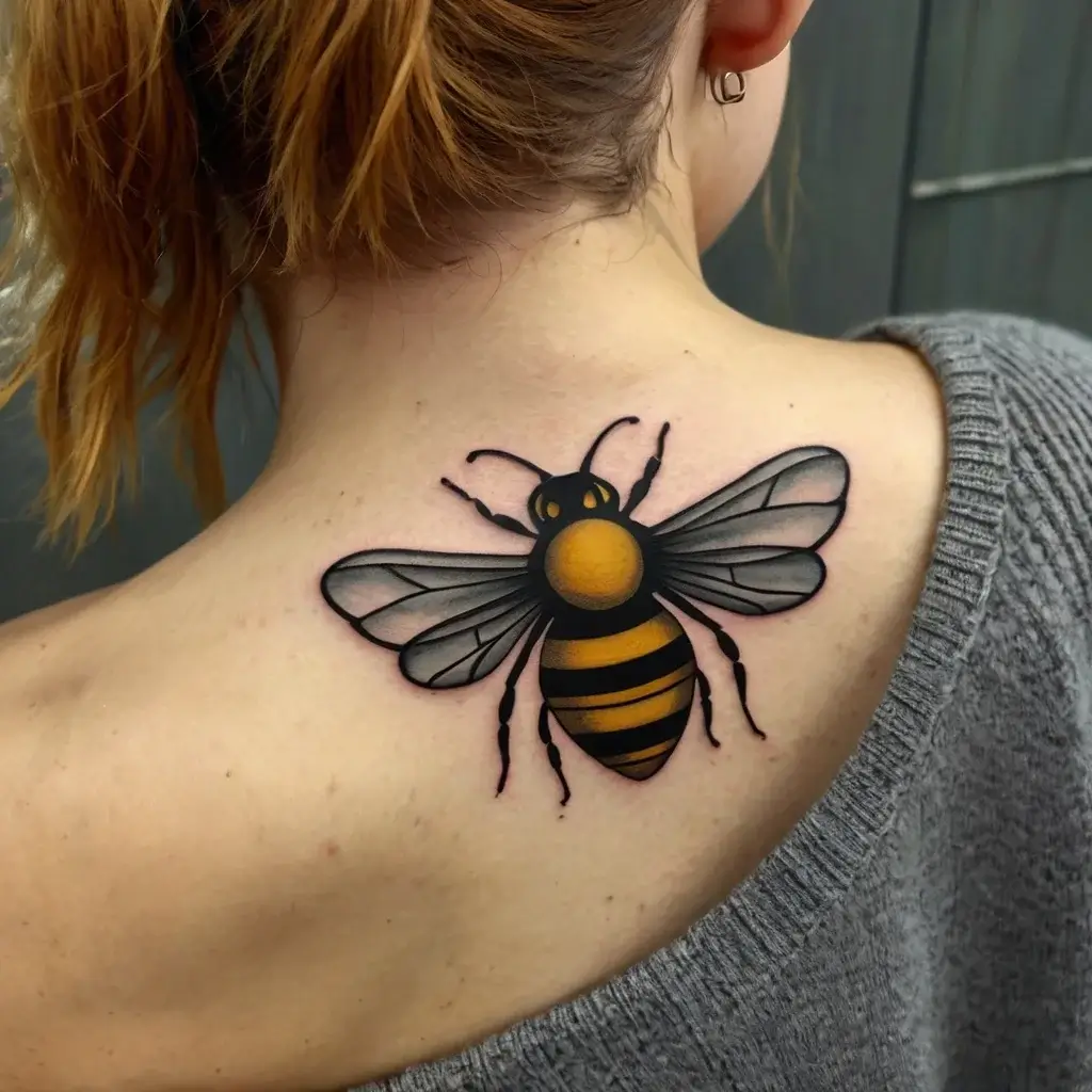 A realistic bee tattoo with detailed wings and bold black and yellow stripes on the upper back.