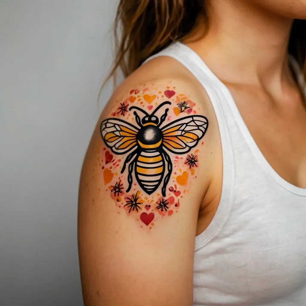 Bold bee tattoo with orange-black shading, surrounded by red hearts and small stars on upper arm, symbolizing love and nature.