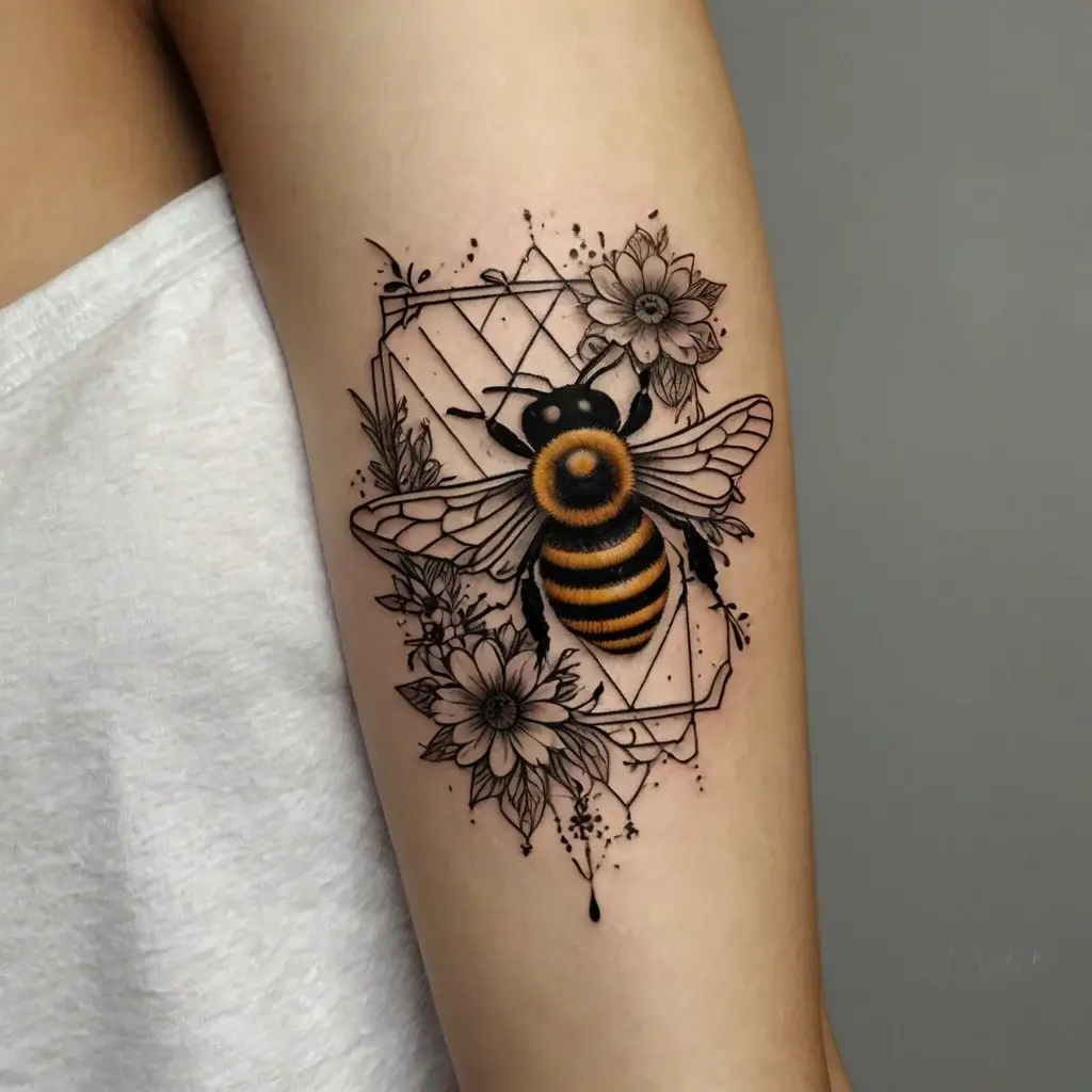 A geometric bee tattoo with intricate black outlines, accentuated by flowers, emphasizing nature and balance.