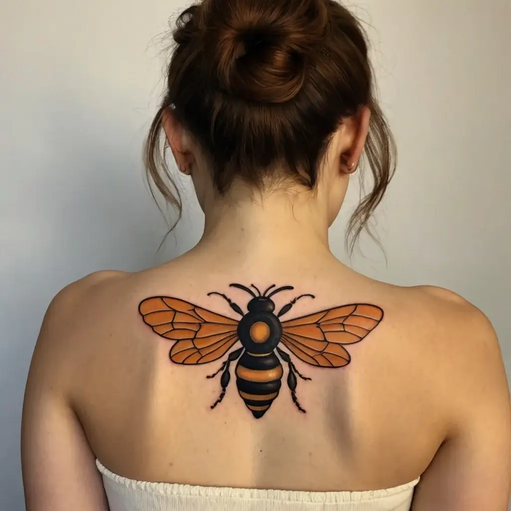 Tattoo of a detailed, vibrant bee with orange and black stripes, centered on the upper back, symbolizing vitality.