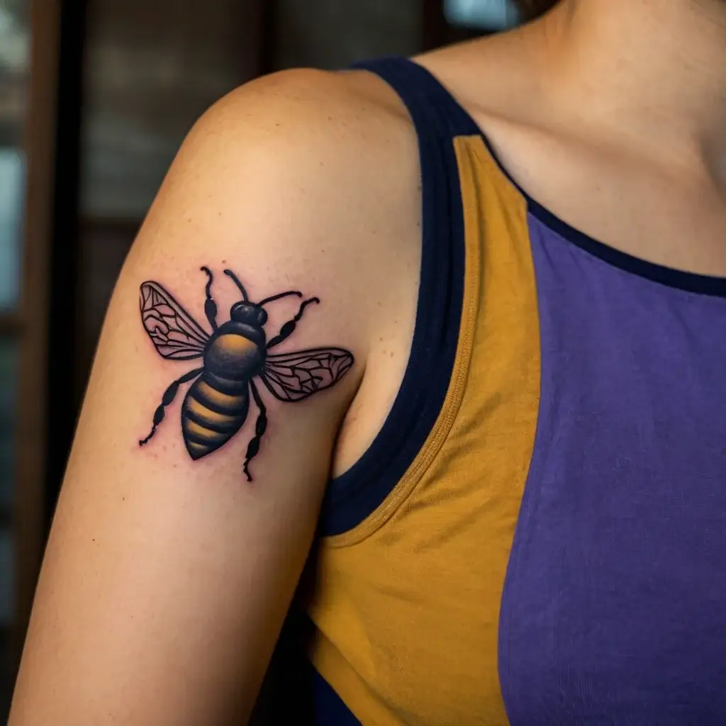 A detailed bee tattoo on the upper arm with bold black outlines and yellow highlights, symbolizing hard work and community.