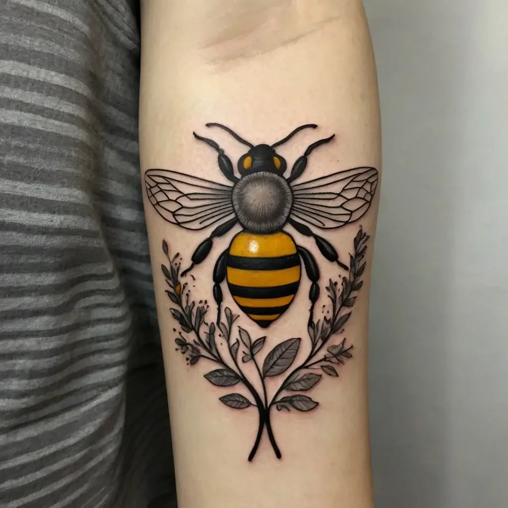 Tattoo of a stylized bee with detailed wings, vibrant yellow and black stripes, framed by delicate leafy branches.