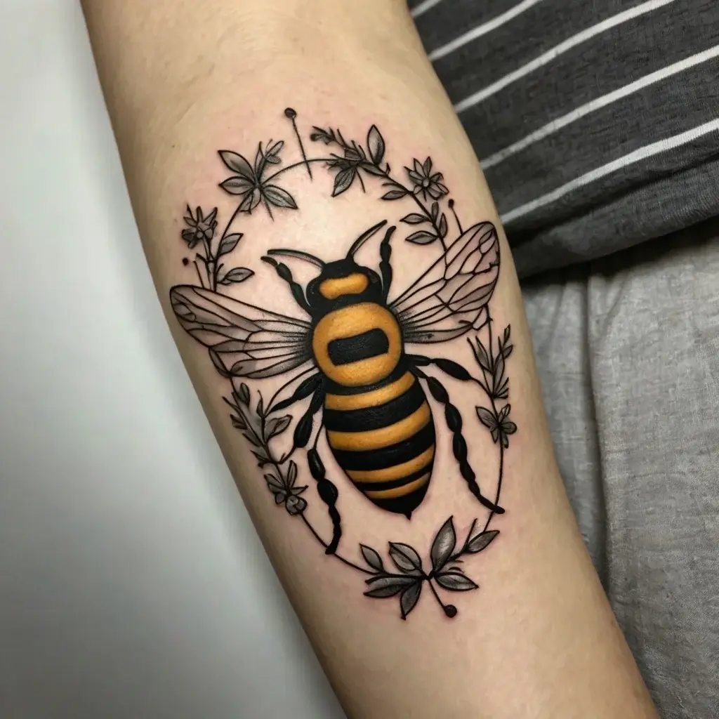 Bee tattoo with bold black and yellow stripes, framed by a circular floral wreath of delicate black linework.