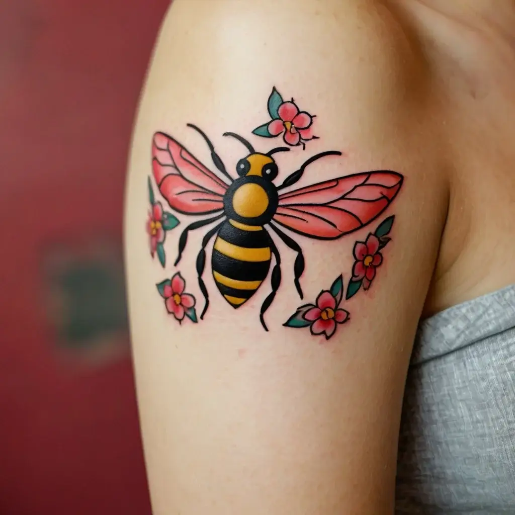 Bold bee tattoo with pink wings and surrounded by pink flowers, blending traditional and vibrant styles on the upper arm.