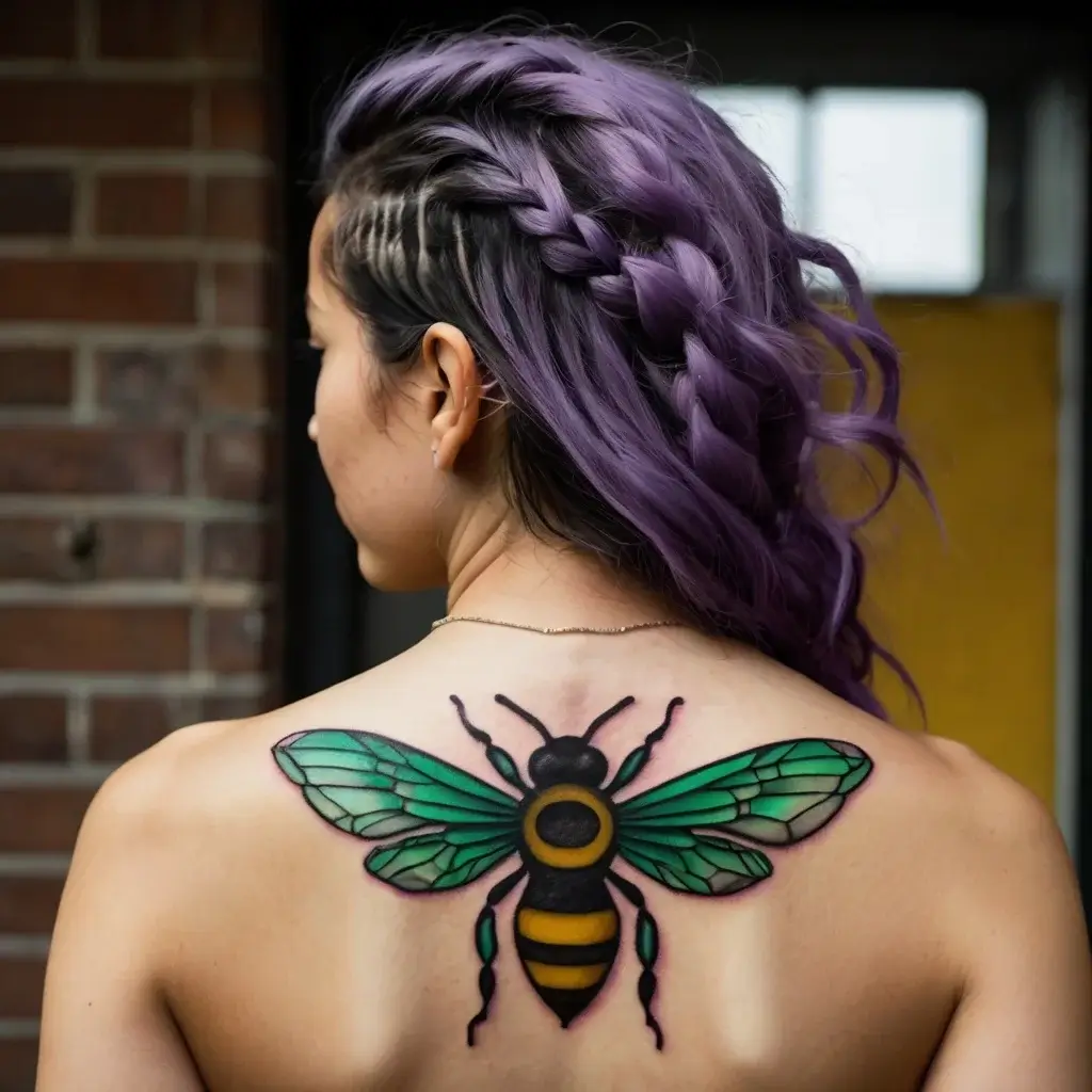 Tattoo of a vibrant bee on back with green wings and yellow bands, symbolizing community, hard work, and nature.