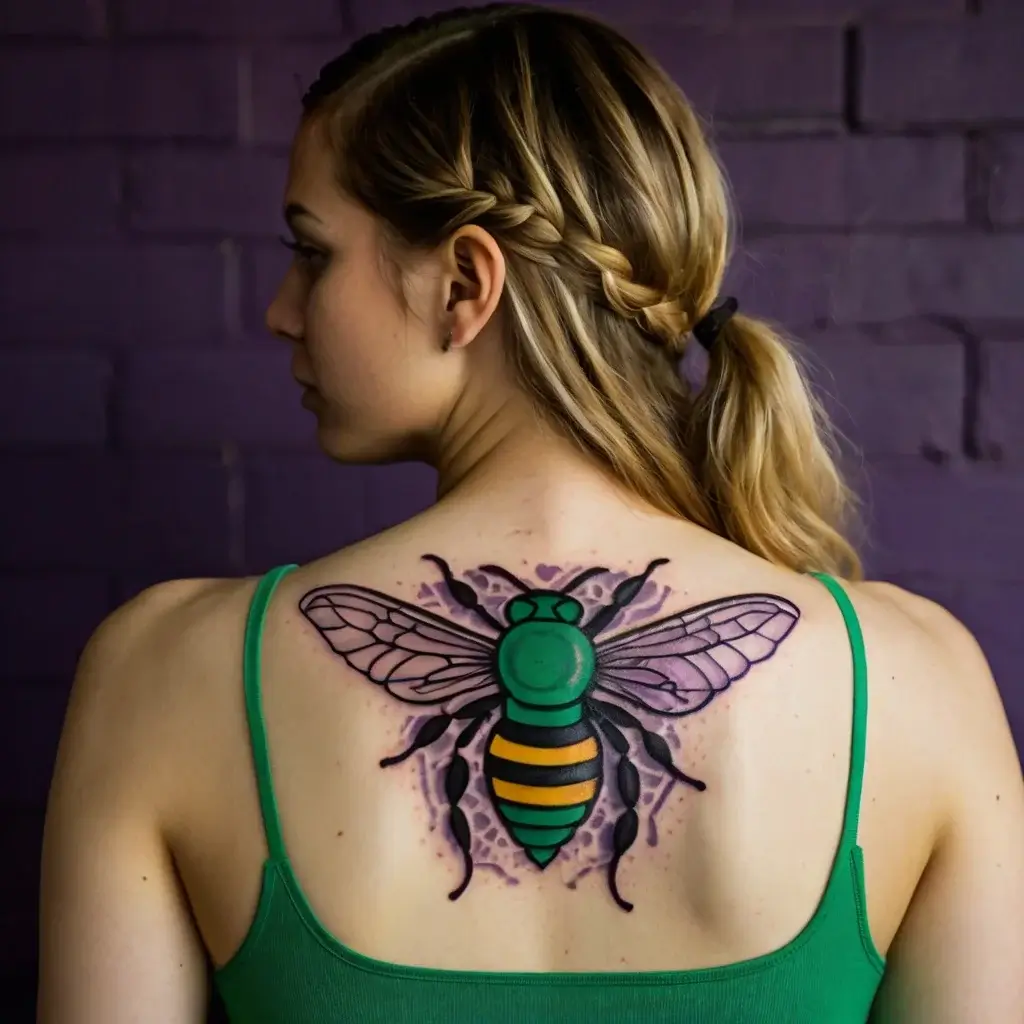 Colorful bee tattoo on upper back with green body, purple wings, yellow, and black stripes, set against a purple background.