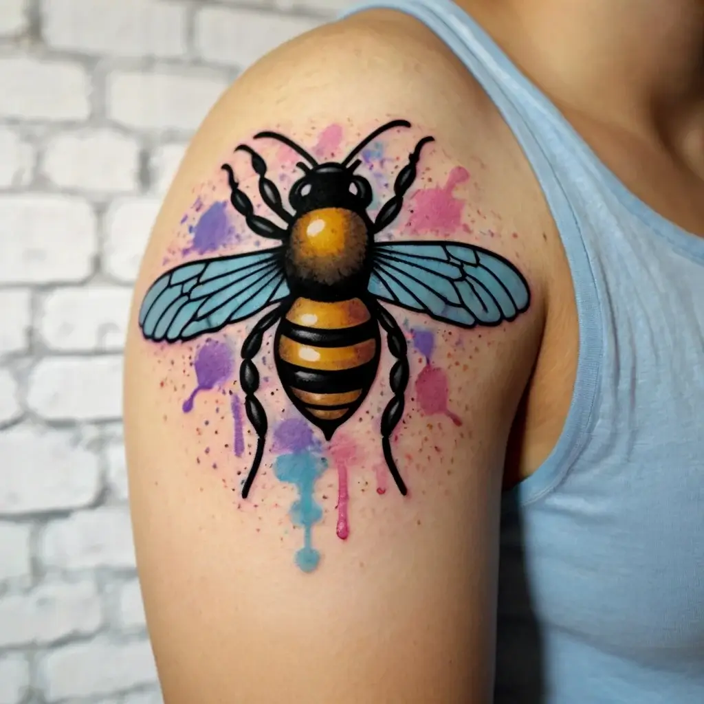 Bee tattoo with blue wings on upper arm, set against vibrant watercolor splashes of pink, purple, and blue.