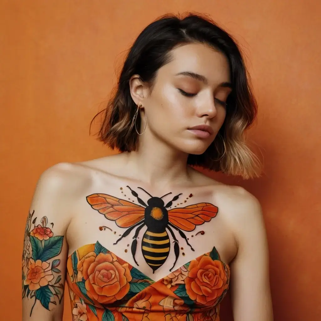 Large bee tattoo on chest with vibrant orange wings; arm adorned with detailed orange roses.