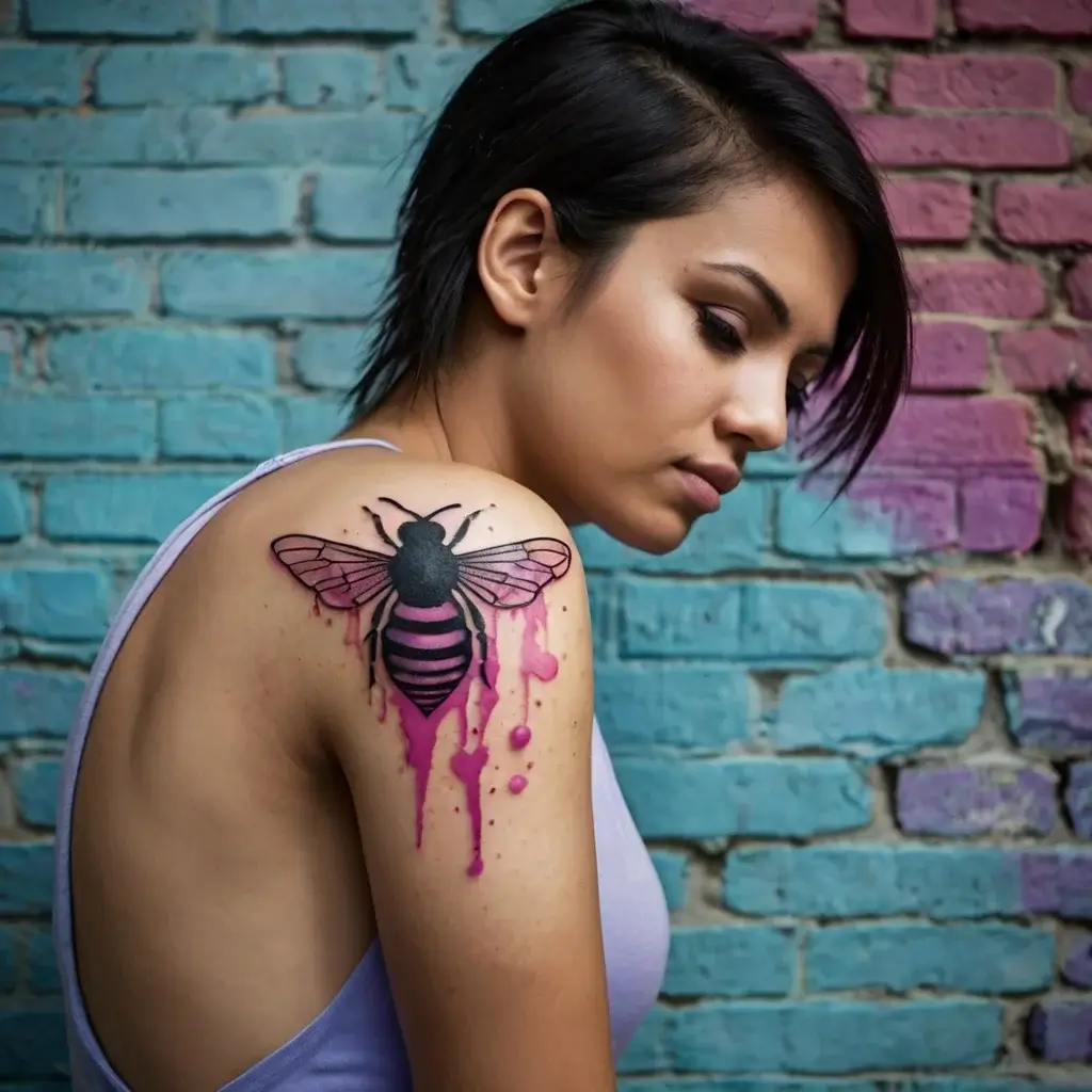 Tattoo of a bee with pink stripes and watercolor splashes on a shoulder, against a colorful brick wall backdrop.