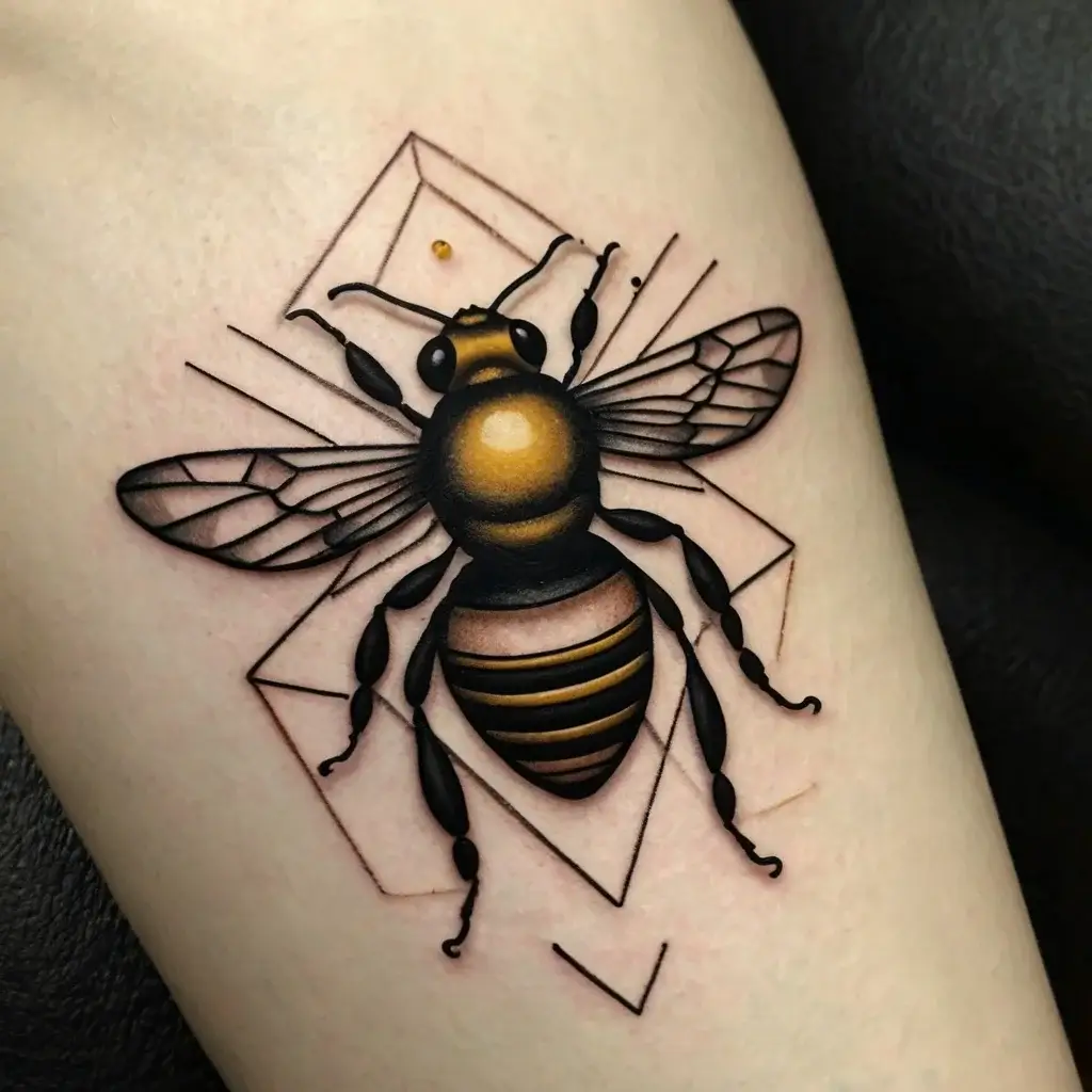 Realistic bee tattoo with geometric background, features shaded wings and detailed body in black and gold tones.