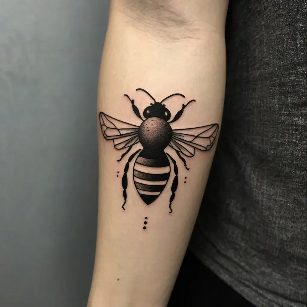 Tattoo of a stylized bee with bold lines, detailed wings, and dot shading on forearm.