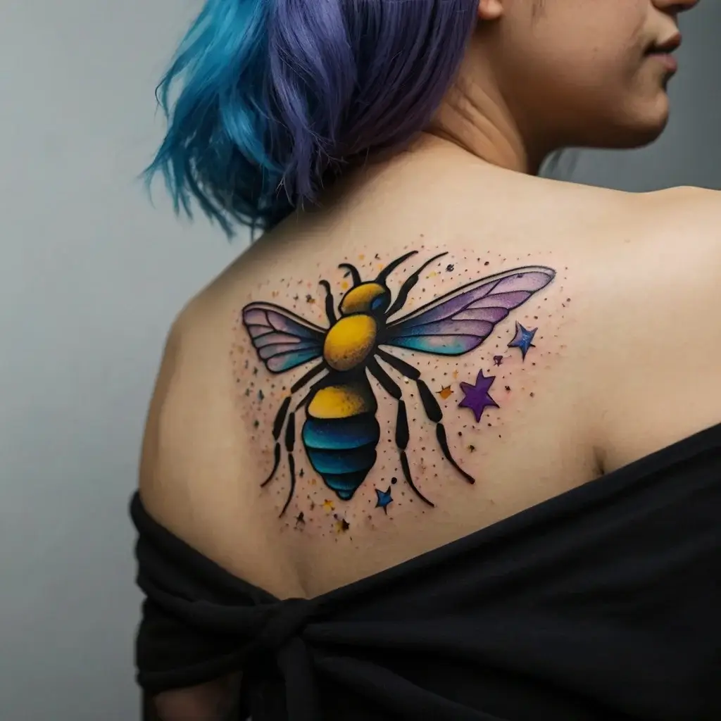 Colorful bee tattoo on back with vibrant wings and cosmic stars, surrounded by splashes of pastel and black ink specks.