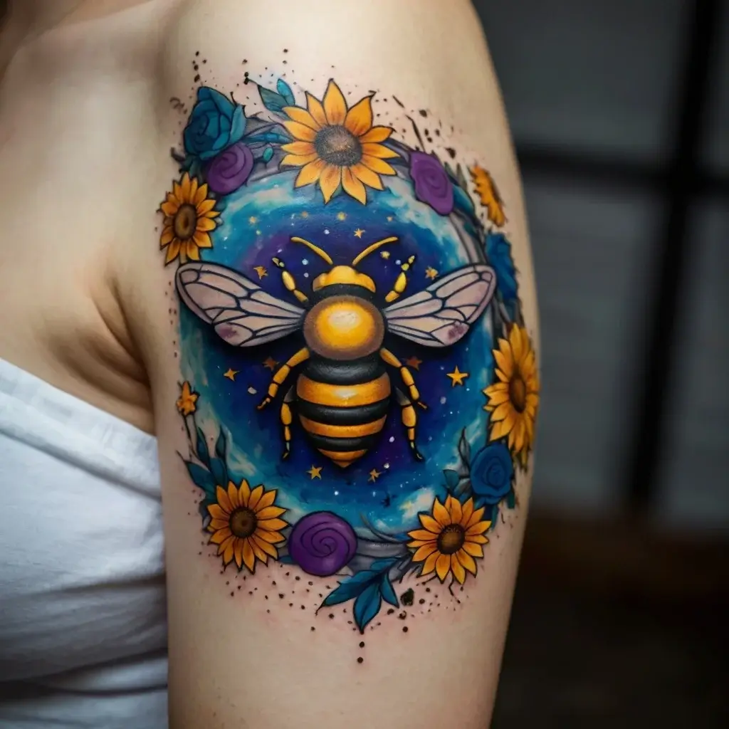 Vibrant bee tattoo surrounded by sunflowers, blue and purple roses on an arm, set against a starry night sky.