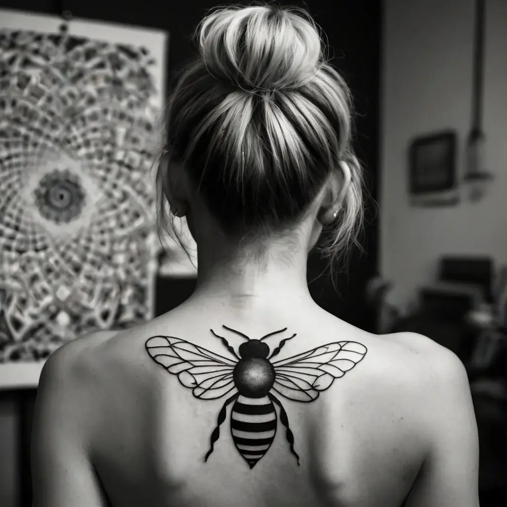 Black and white bee tattoo with detailed wings and striped body on upper back, symbolizing industriousness and community.