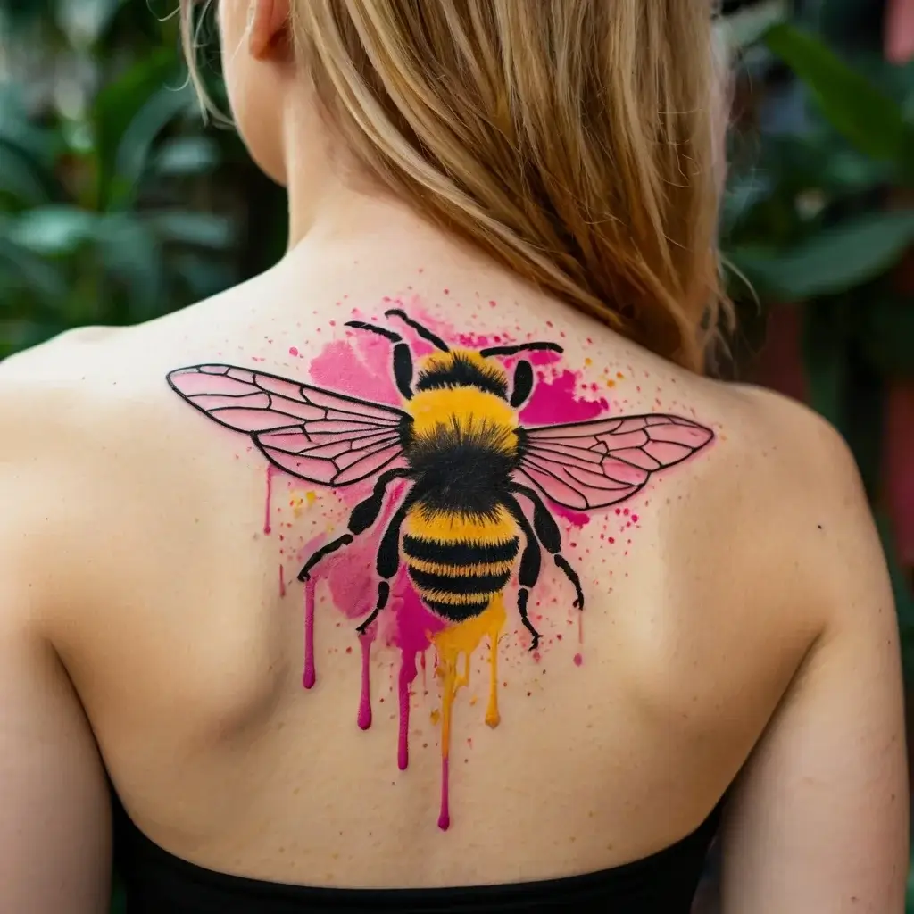 Vibrant bee tattoo with detailed wings on a splash of pink and orange watercolor, symbolizing creativity and hard work.