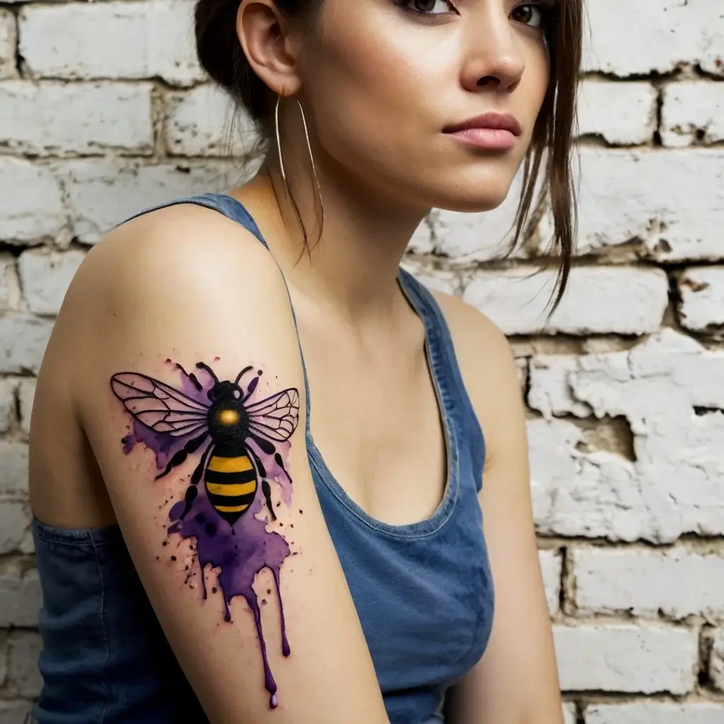 Tattoo of a bee with intricate wings over a bold, purple watercolor splash on the upper arm, blending art and nature.