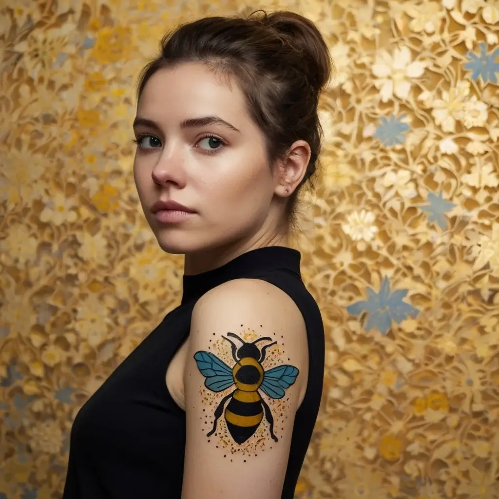 A vibrant tattoo of a bee with golden stripes and turquoise wings, surrounded by delicate black dots on the upper arm.