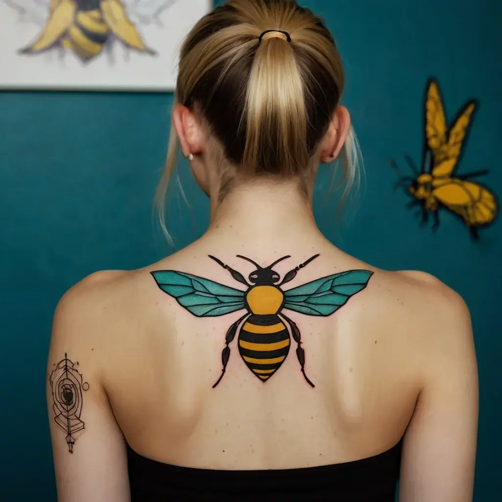 Bold bee tattoo on upper back, featuring vibrant blue wings and a striking orange-yellow body with black stripes.