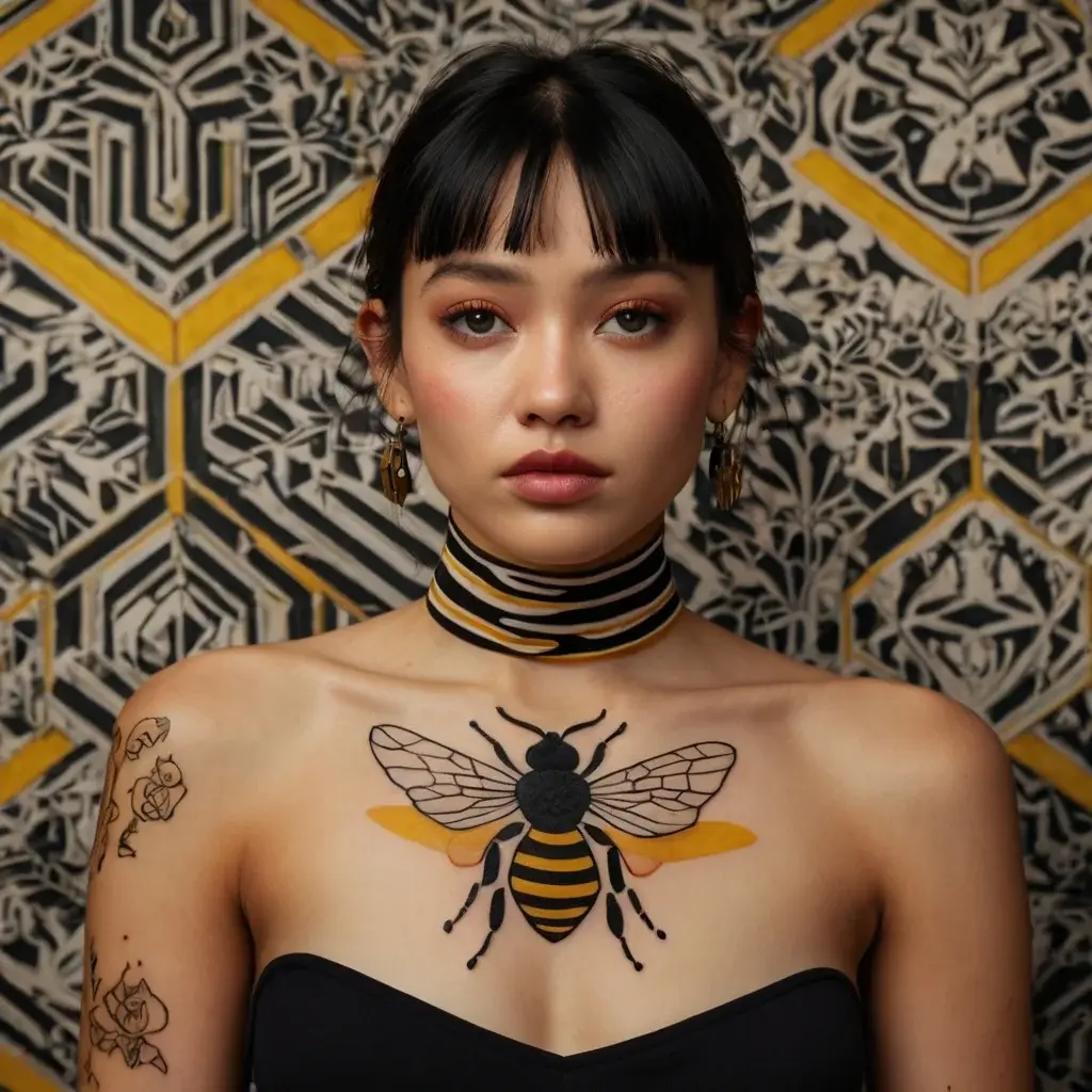 Detailed bee tattoo on chest with geometric wings, flanked by delicate rose outlines on the arm.