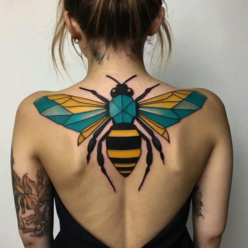 Geometric bee tattoo in turquoise, yellow, and black ink, spread across upper back with angular wings and body.