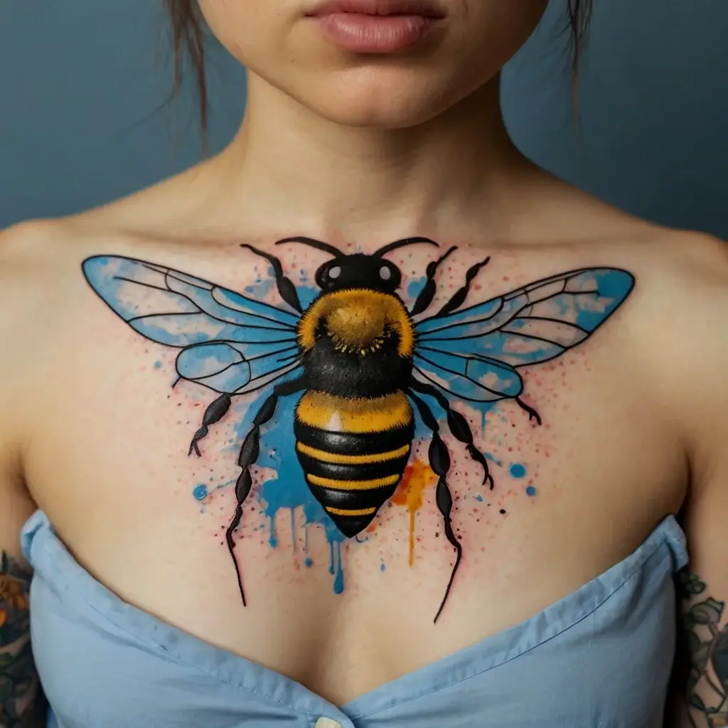 A vibrant bee tattoo on the chest, showcasing detailed wings with blue accents and splashes of color for artistic effect.