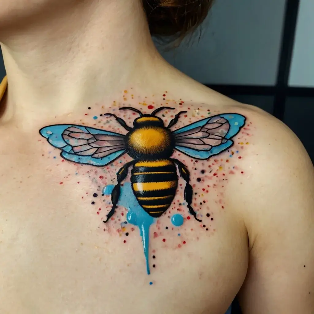 Bright bee tattoo with vibrant blue wings, honeycomb detail, and colorful splatters on shoulder for a bold effect.