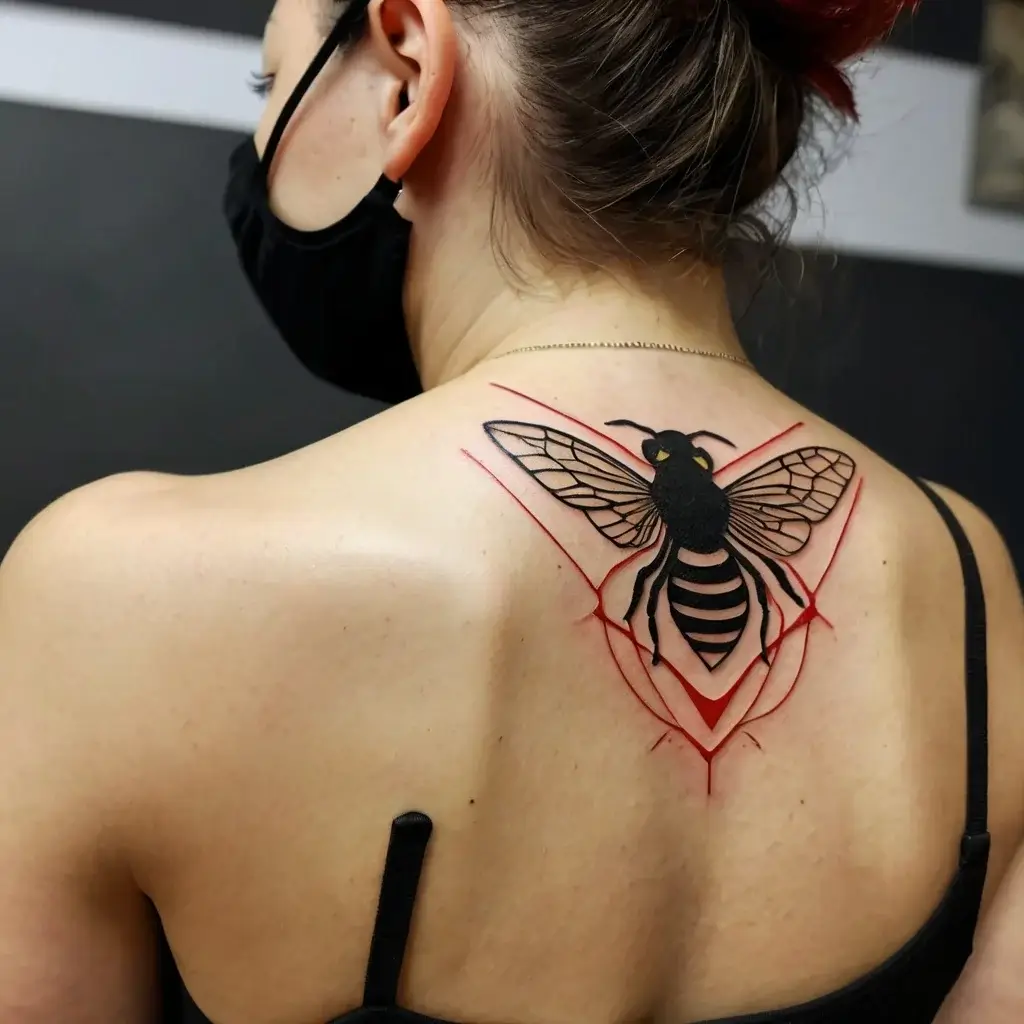 Black bee tattoo with geometric accents on the upper back, featuring intricate wing details and red linear highlights.